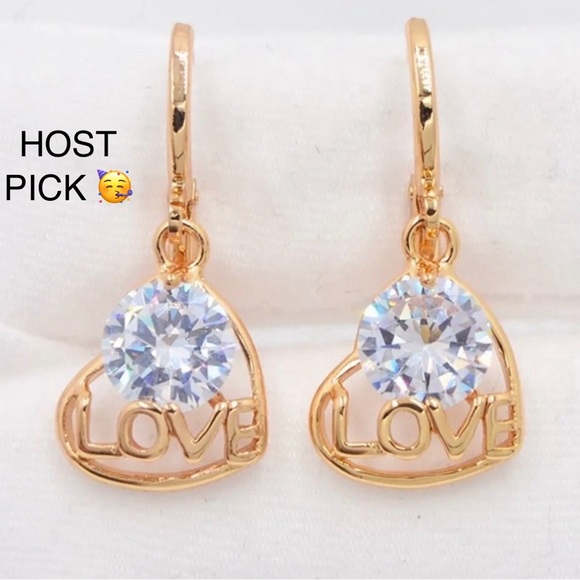 Jewelry - 18k Gold Filled Clear CZ Hollow Heart Love Dangle Earrings